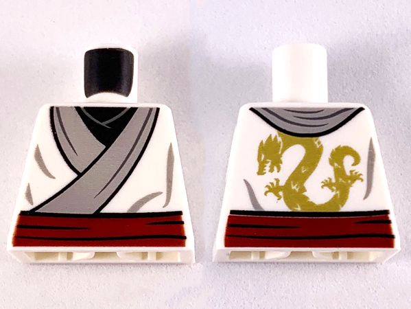 Lego Torso Ninjago Kimono with Gray Trim, Dark Red Sash and Gold Dragon on Back Pattern / White