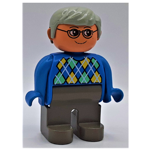Lego Duplo Figure, Early, with Short Parted Hair Light Gray, Dark Gray Legs, Argyle Sweater Print / Blue