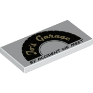 Lego Tile 2 x 4 with Black Tire Half with Tan 'Jo's Garage' and Black 'BY ACCIDENT WE MEET' Print / White