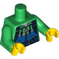 Lego Torso Hoodie Jacket with Ties, Dark Azure Stripe, Pockets, Silver Zipper and Dark Blue Straps Print, Green Arms, Yellow Hands / Green