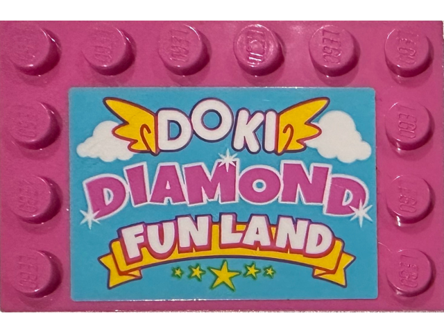 Lego Tile, Modified 4 x 6 with Studs on Edges with 'DOKI DIAMOND FUN LAND' Pattern (Sticker) - Set 41456