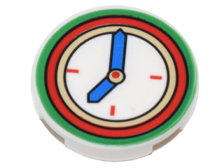 Lego Tile, Round 2 x 2 with Bottom Stud Holder with Green and Red Clock with White Face and Blue Hands Pattern / White