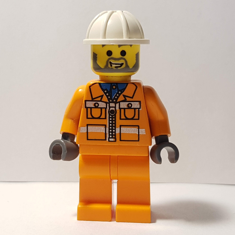 Lego Garry - Construction Worker, Orange Jacket with Zipper and Reflective Stripes, Orange Legs, White Hard Hat, Beard