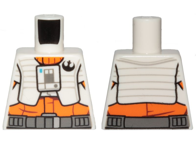Lego Torso SW Pilot, Orange Jumpsuit with White Vest and Front Panel, Black Rebel Alliance Symbol Pattern / White