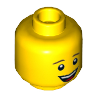 Lego Minifig Head, Brown Eyebrows, Open Mouth Smile with White Teeth and Red Tongue Print / Yellow