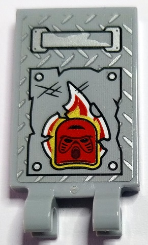 Lego Tile, Modified 2 x 3 with 2 Open O Clips with Silver Handle and Tread Plate, Red, White and Gold Flames and Bionicle Mask Hau Pattern (Sticker) - Set 70436 / Light Bluish Gray