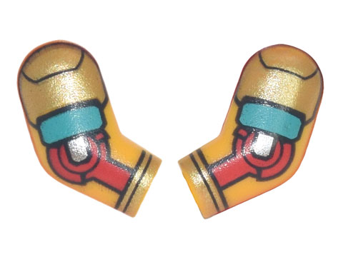 Lego Arm, (Matching Left and Right) Pair with Armor with Gold and Dark Turquoise Plates, Red Elbow Joint Pattern / Bright Light Orange