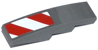 Lego Slope, Curved 4 x 1 with Red and White Danger Stripes Thick Pattern (White Corners) Model Right Side (Sticker) - Set 42023 / Dark Bluish Gray