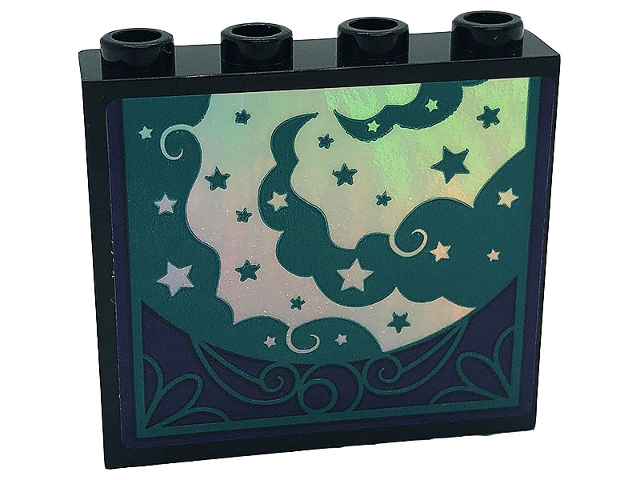 Lego Panel 1 x 4 x 3 with Side Supports - Hollow Studs with Dark Turquoise and Silver Stars and Swirls on Dark Purple Background Pattern 2 (Sticker) - Set 41685 / Black