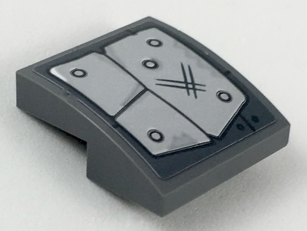 Lego Slope, Curved 2 x 2 x 2/3 with Silver Riveted Plates and Black Scratches Pattern (Sticker) - Set 70827 / Dark Bluish Gray