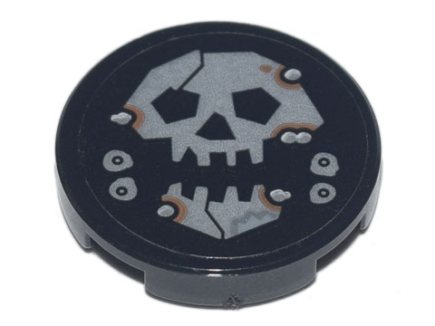 Lego Tile, Round 2 x 2 with Bottom Stud Holder with Silver Skull with Jaw and Metal Rivets with Rust Pattern (Sticker) - Set 70840