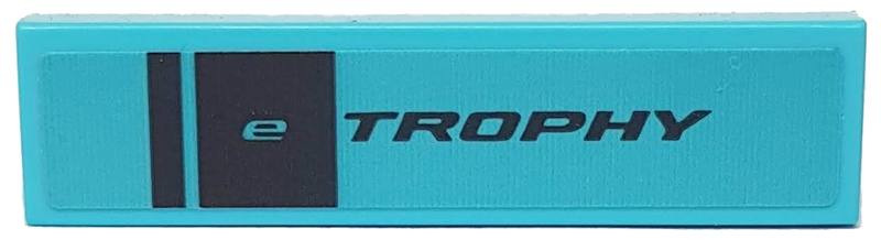 Lego Tile 1 x 4 with Two Black Stripes and 'e TROPHY' on Medium Azure Background Pattern (Sticker) - Set 76898