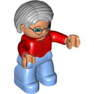 Lego Duplo Figure Bob / Pageboy Hair Gray, with Medium Blue Legs, Red Sweater, Blue Eyes, Glasses