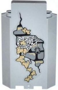 Lego Panel 3 x 3 x 6 Corner Wall without Bottom Indentations with Bricks, 11 Dark Tan Ivy Leaves, Spider and Web Pattern (Sticker) - Set 9468 / Light Bluish Gray