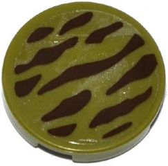 Lego Tile, Round 2 x 2 with Dark Tan Tiger Stripes Pattern (Sticker) - Set 79008 / Olive Green