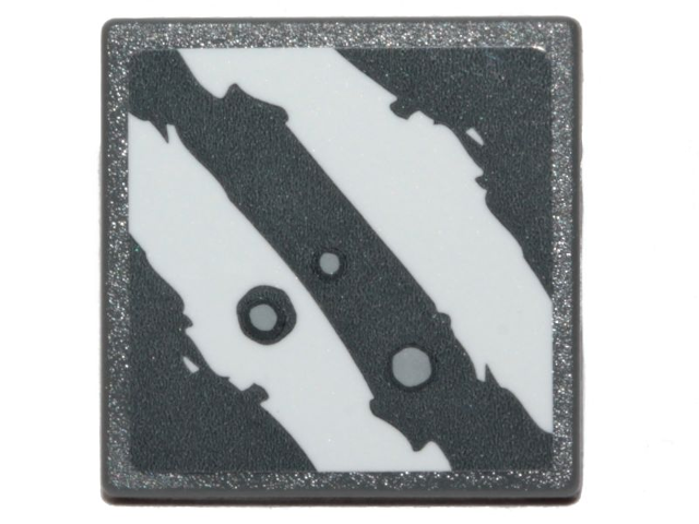 Lego Road Sign 2 x 2 Square with Open O Clip with 2 Rugged White Diagonal Stripes and Blaster Marks on Dark Bluish Gray Background Pattern (Sticker) - Set 75254