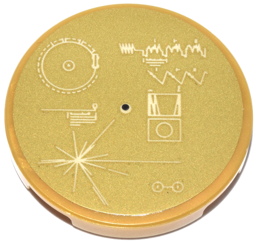 Lego Tile, Round 3 x 3 with Voyager Golden Record Phonograph with Tan Scientific Symbols and Diagrams Pattern (Sticker) - Set 21355 / Pearl Gold