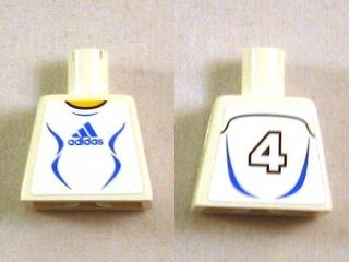 Lego Torso Soccer Adidas Logo, White and Blue No.4 Pattern (Stickers) / White