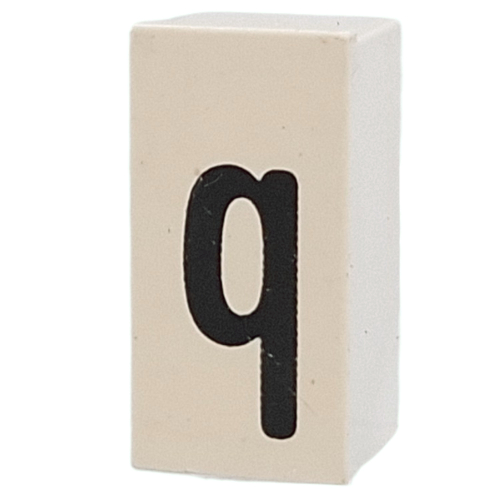 Lego Tile Special 1 x 2 x 5/6 with Stud Hole in End with 'q' Print / White