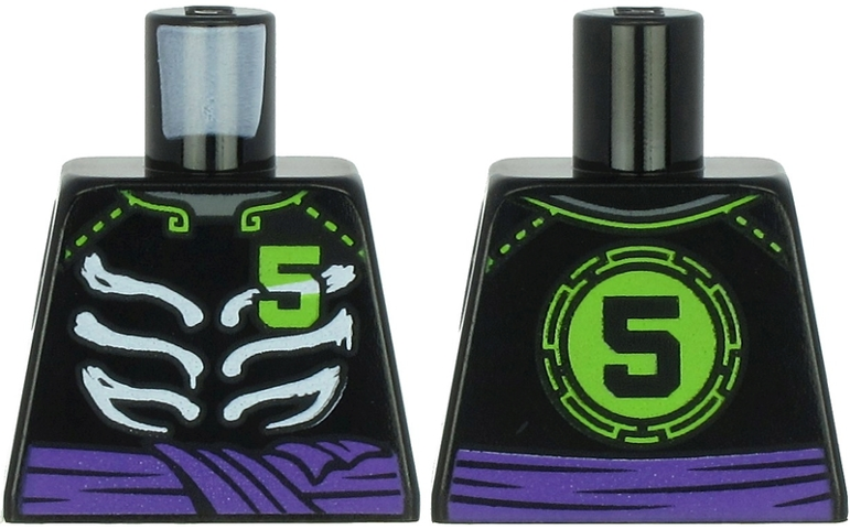 Lego Torso Ninjago Skeleton Ribs White, Purple Waist Sash and Lime Number 5 on Front and Back Pattern / Black