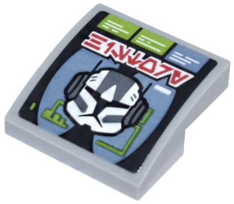 Lego Slope, Curved 2 x 2 x 2/3 with Clone Trooper Helmet, Lime and Sand Blue Text Boxes and Red Aurebesh Characters 'HISTORY' Pattern (Sticker) - Set 75314