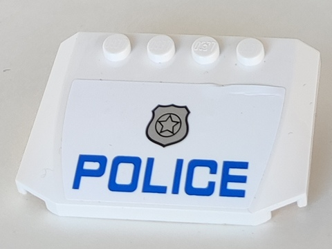 Lego Wedge 4 x 6 x 2/3 Triple Curved with Blue 'POLICE' and Silver Badge Pattern (Sticker) - Set 60045 / White