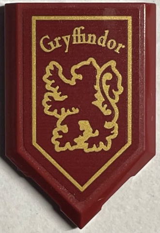 Lego Tile, Modified 2 x 3 Pentagonal with Gold 'Gryffindor' Shield with Lion Pattern (Sticker) - Set 76408 / Dark Red