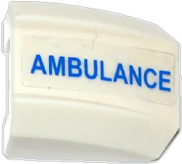 Lego Slope, Curved 2 x 2 Lip with Blue 'AMBULANCE' Pattern Model Left Side (Sticker) - Set 60086