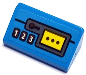 Lego Slope 30 1 x 2 x 2/3 with White Number 1, 2, 3 Buttons, Keyhole and Yellow Rectangle with 3 Black Dots Pattern (Sticker) - Set 70422 / Dark Azure