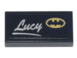 Lego Tile 1 x 2 with Script 'Lucy' and Yellow Batman Logo Pattern (Sticker) - Set 70840 / Black