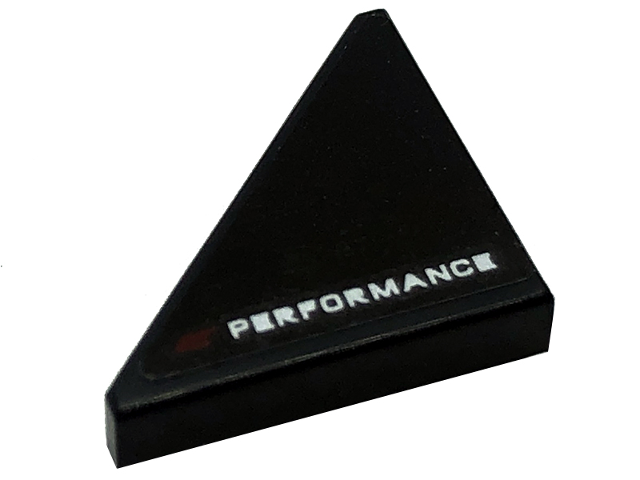 Lego Tile, Modified 2 x 2 Triangular with Dark Red Capital Letter E and White 'PERFORMANCE' Pattern Model Right Side (Sticker) - Set 76909