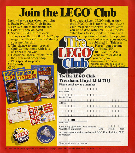 Lego 1984 Insert - Lego Club UK (184803)