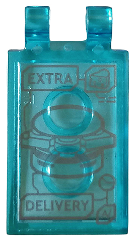 Lego Tile, Modified 2 x 3 with 2 Clips with 'EXTRA DELIVERY', Hamburger and Cheese Pattern (Sticker) - Set 76167 / Trans-Light Blue