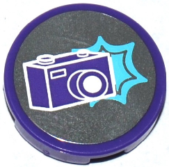 Lego Tile, Round 2 x 2 with Bottom Stud Holder with Dark Purple Camera and Medium Azure Star Pattern (Sticker) - Set 41129