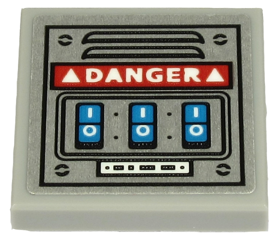Lego Tile, Modified 2 x 2 Inverted with White 'DANGER' and 3 Blue Buttons on Metal Plate with Vent Pattern (Sticker) - Set 70432
