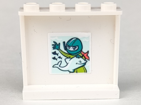 Lego Panel 1 x 4 x 3 with Side Supports - Hollow Studs with Picture of Lime Diver with Dark Turquoise Helmet and Light Aqua Dolphin Pattern (Sticker) - Set 41381