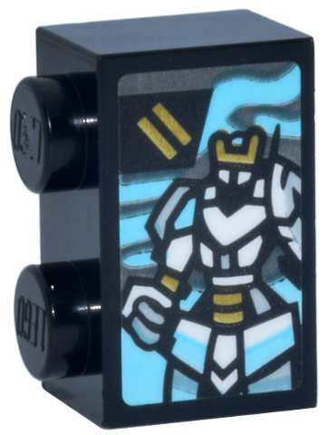 Lego Brick 1 x 2 with White, Medium Azure and Gold Zane's Titan Mech and Ninjago Logogram Letter Z Pattern (Sticker) - Set 71837