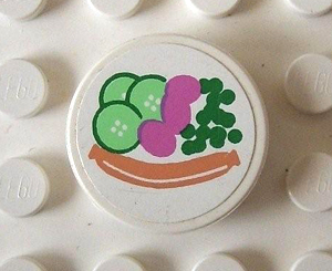 Lego Tile, Round 2 x 2 with Hot Dog, Peas, Cucumber Pattern (Sticker) - Set 5895 / White