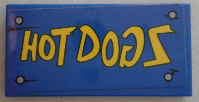 Lego Tile 2 x 4 with Yellow 'HOT DOGS' on Blue Wood Grain Background and 4 Nails Pattern (Sticker) - Set 75824