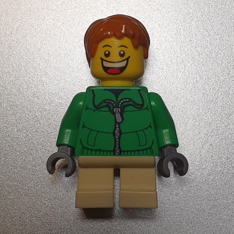 Lego Boy, Green Jacket, Short Tan Legs, Dark Orange Hair