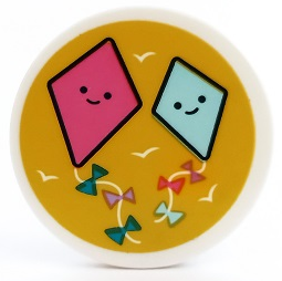 Lego Tile, Round 3 x 3 with Dark Pink and Light Aqua Diamond Shaped Kites with Faces on Yellow Background Pattern (Sticker) - Set 41450