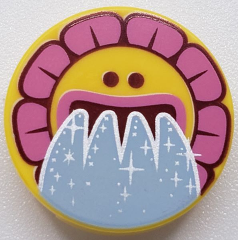 Lego Tile, Round 2 x 2 with Bottom Stud Holder with Sunflower Face, Dark Pink Flakes and Water Pouring from Mouth Pattern