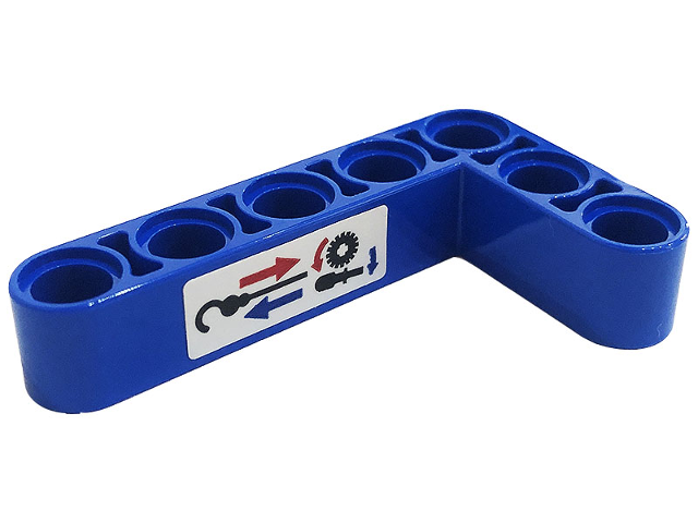 Lego Technic, Liftarm, Modified Bent Thick L-Shape 3 x 5 with Black Hook, Blue and Red Arrows and Gear on White Background Pattern (Sticker) - Set 42128 / Blue