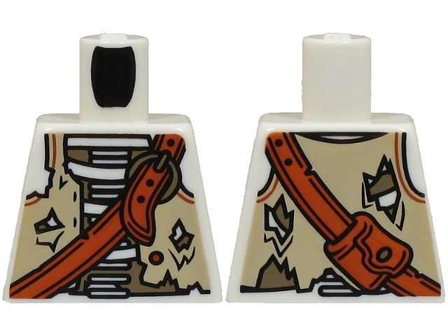 Lego Torso Skeleton Pirate, Tan and Dark Tan Tattered Vest and Dark Orange Shoulder Belt with Bag Pattern (BAM) / White