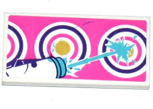 Lego Tile 2 x 4 with Water Blaster Gun and Targets on Dark Pink Background Pattern (Sticker) - Set 41127 / White