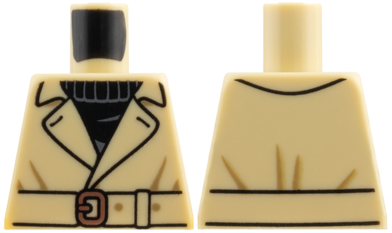 Lego Torso Jacket Trench Coat over Black Sweater, Belt with Copper Buckle Pattern / Tan