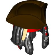 Lego Hair and Hat, Dreadlocks with Beads, Red Bandana, Dark Brown Tricorne print [SINGLE MOLD] / Black