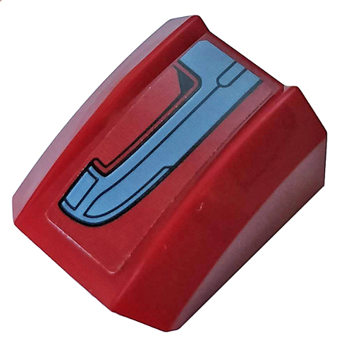 Lego Slope, Curved 2 x 2 Lip with Dark Bluish Gray Armor Plate Pattern Model Right Side (Sticker) - Set 76104 / Dark Red