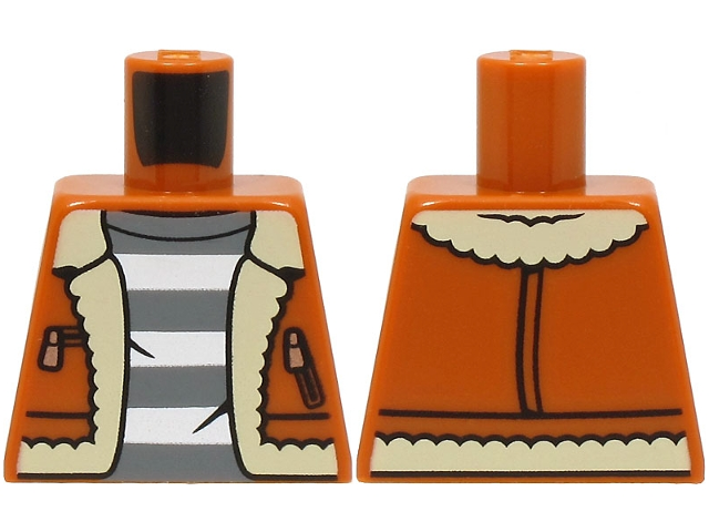 Lego Torso Jacket with Tan Fur Lining and Copper Zippers over Dark Bluish Gray Shirt with White Prison Stripes Pattern / Dark Orange