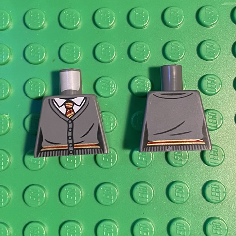 Lego Torso Female Outline Cardigan Sweater with White Shirt, Red and Yellow Tie and Trim (Gryffindor) Pattern / Dark Bluish Gray